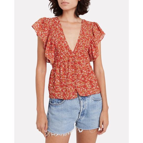 Divine Heritage Red Floral V-Neck Button Front Flutter Sleeve Blouse Small - Picture 1 of 7